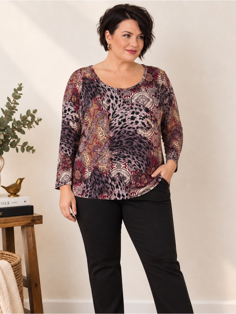 Nygard Collection Mixed Animal Paisley Print Stretch Top 3X Purples